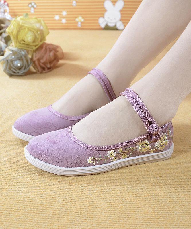 Beige Embroideried Cotton Fabric Flat Shoes Buckle Strap Flat Shoes - SooLinen