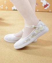 Beige Embroideried Cotton Fabric Flat Shoes Buckle Strap Flat Shoes - SooLinen