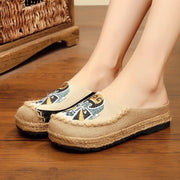 Beige Embroideried Linen Fabric Slippers Shoes Splicing - SooLinen