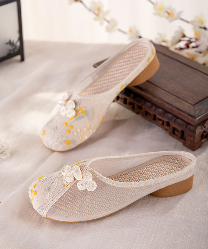 Beige Embroidered Slide Sandals Women Tulle Boho Splicing