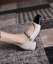 Beige Faux Leather Patchwork Casual Buckle Strap Chunky High Heels - SooLinen