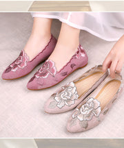 Beige Flat Feet Shoes Handmade Embroidered Cotton Fabric Pointed Toe Flat Shoes