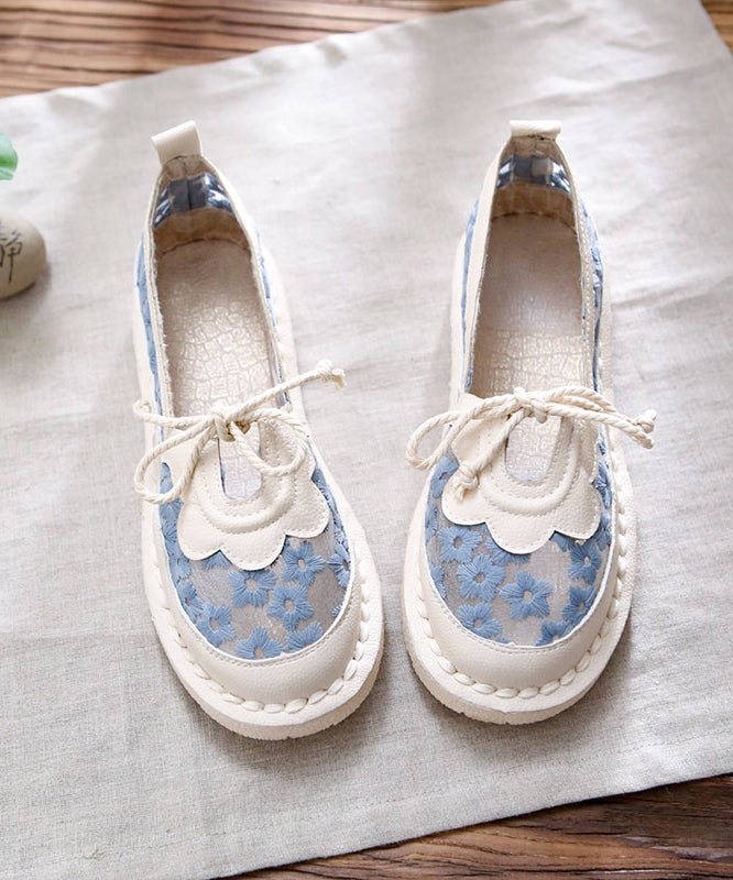 Beige Flat Feet Shoes Splicing Lace Up Hollow Out Embroidery