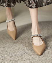 Beige Flat Sandals Faux Leather Pointed Toe Fashion Splicing Zircon