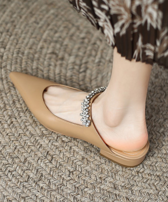 Beige Flat Sandals Faux Leather Pointed Toe Fashion Splicing Zircon