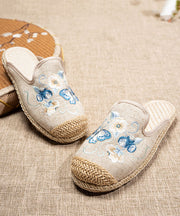 Beige Flat Slide Sandals Linen Fabric Comfortable Splicing Embroidered