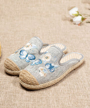 Beige Flat Slide Sandals Linen Fabric Comfortable Splicing Embroidered