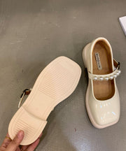 Beige Flats Faux Leather Boutique Buckle Strap Flat Feet Shoes - SooLinen