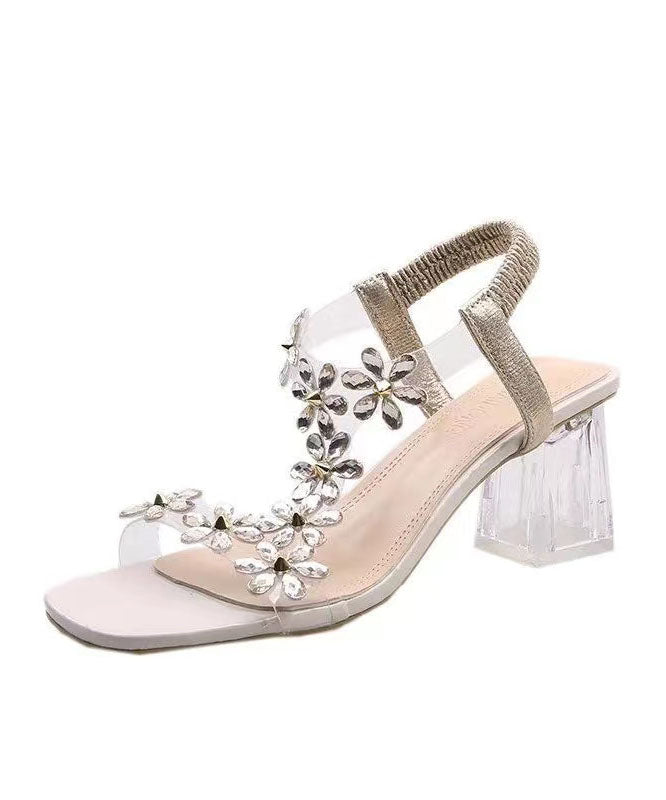 Beige Floral Crystal Splicing Chunky Heel Sandals Peep Toe