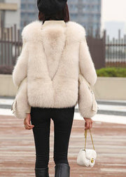 Beige Fox Collar Button Leather And Faux Fur Coats Winter