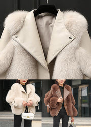 Beige Fox Collar Button Leather And Faux Fur Coats Winter