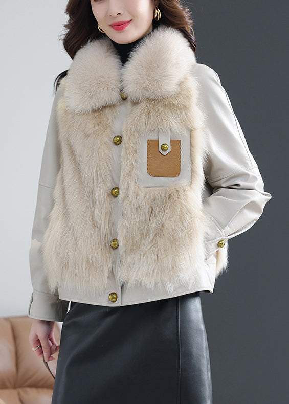 Beige Fox Collar Button Sheepskin Coat Fall