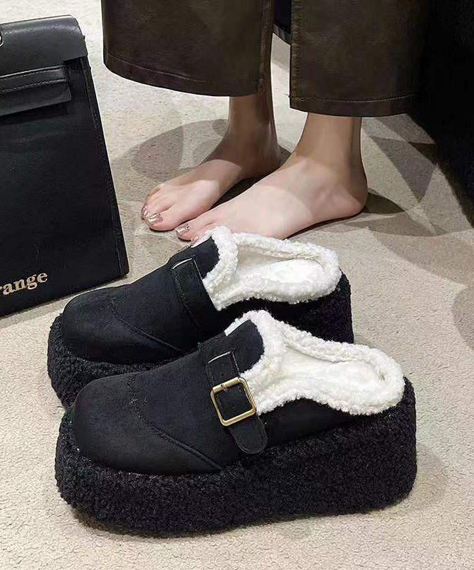 Beige Fuzzy Wool Lined Slippers Shoes Platform Wedge Heels