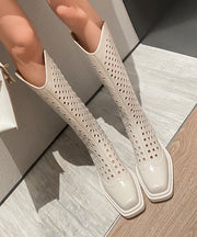 Beige Hollow Out Chunky Cowhide Leather Fashion Boots