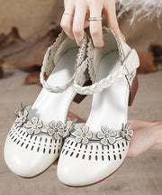 Beige Hollow Out Floral Chunky Cowhide Leather Splicing Sandals