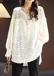 Beige Hollow Out Lace Top V Neck Long Sleeve