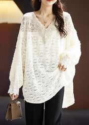 Beige Hollow Out Lace Top V Neck Long Sleeve