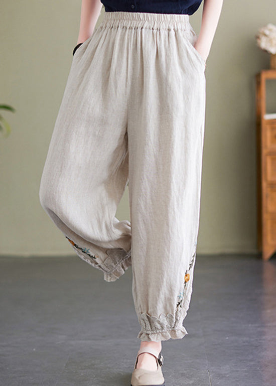 Beige Lace Pockets Linen Lantern Trousers Embroideried Summer