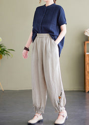 Beige Lace Pockets Linen Lantern Trousers Embroideried Summer