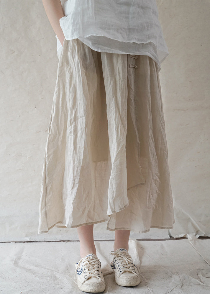 Beige Linen Skirts elastic waist button asymmetrical design Spring