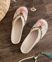 Beige Linen Tassel Embroidery Women Splicing Flat Slide Sandals