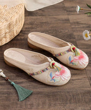 Beige Linen Tassel Embroidery Women Splicing Flat Slide Sandals