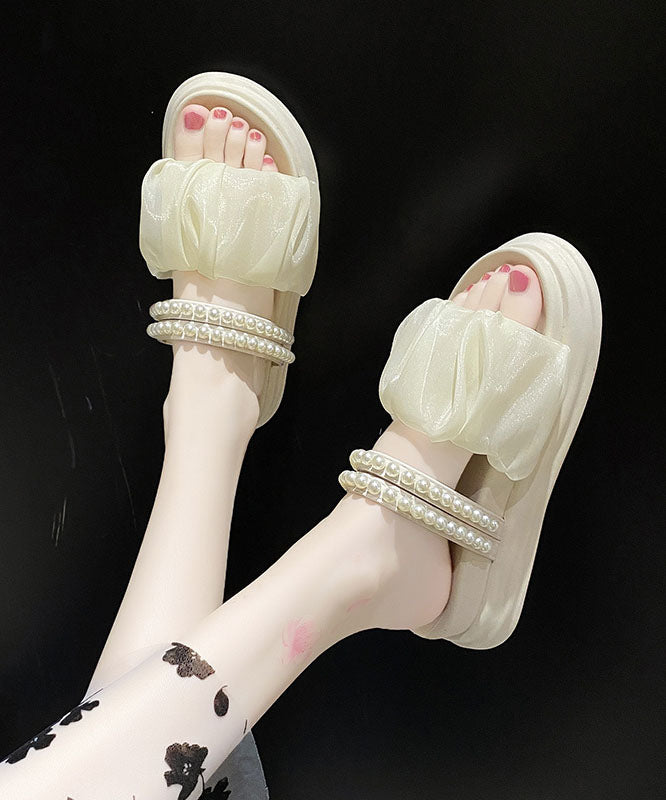 Beige Nail Bead Splicing Peep Toe Platform Slide Sandals