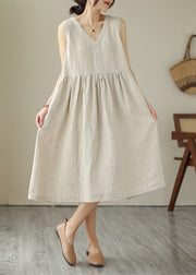 Beige O-Neck Solid Cotton Long Dress Sleeveless