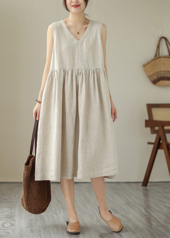 Beige O-Neck Solid Cotton Long Dress Sleeveless