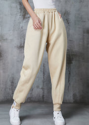 Beige Oversized Cotton Pants Elastic Waist Pockets Spring