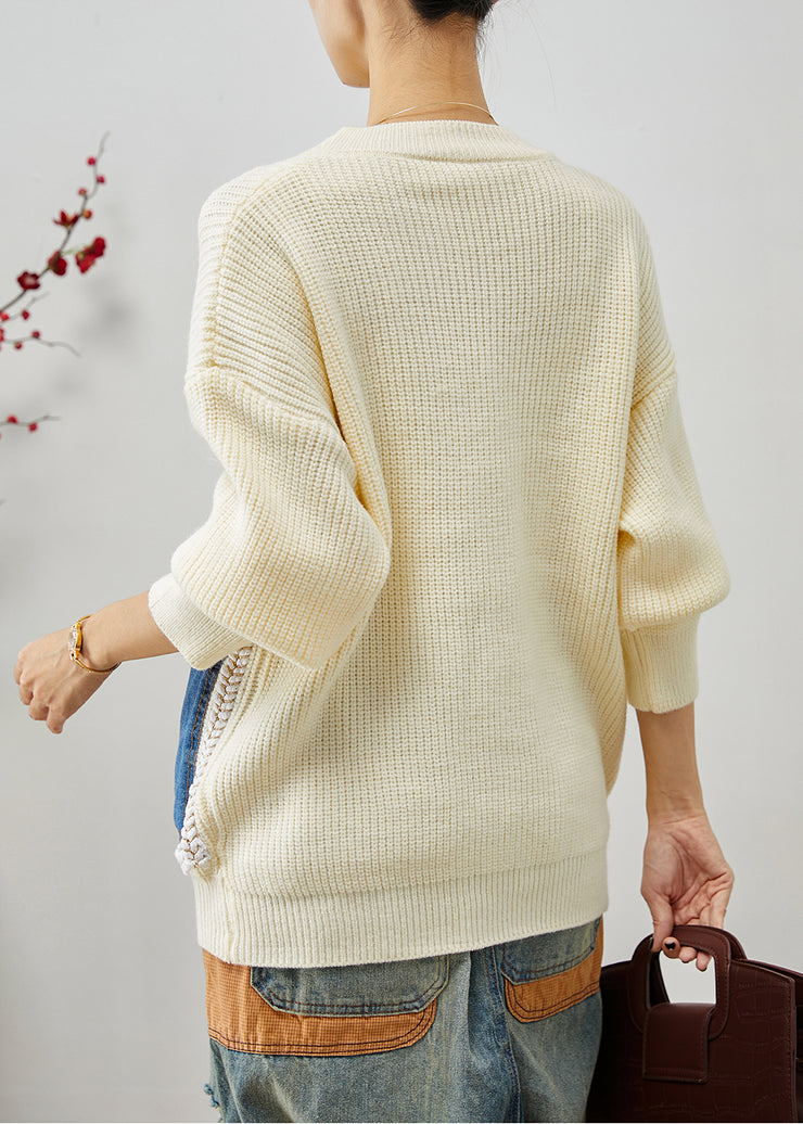 Beige Patchwork Knit Sweater Tops Oversized Pockets Winter