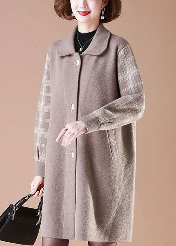 Beige Patchwork Plaid Woolen Coats Turn-down Collar Button Long Sleeve