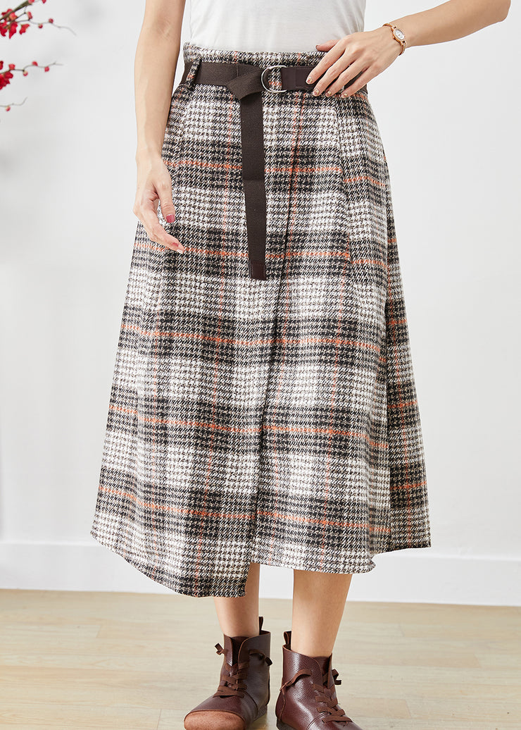 Beige Plaid Woolen Skirts Asymmetrical High Waist Fall