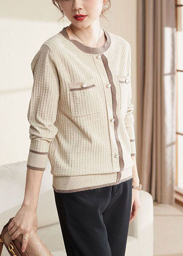 Beige Pockers Strickpullover Tops O-Neck Button Long Sleeve