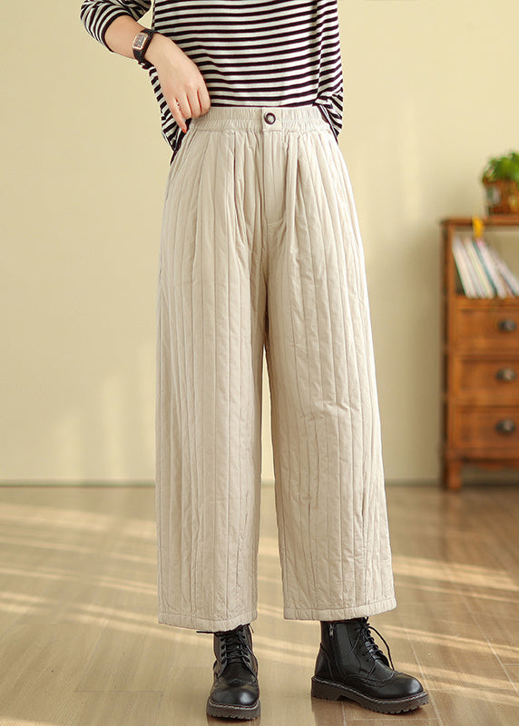 Beige Pockets Loose Fine Cotton Filled Straight Pants Elastic Waist Winter