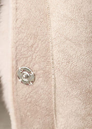 Beige Pockets Patchwork Fuzzy Fur Long Coat Fur Collar Long Sleeve