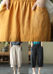 Beige Pockets Patchwork Linen Crop Pants Elastic Waist Summer