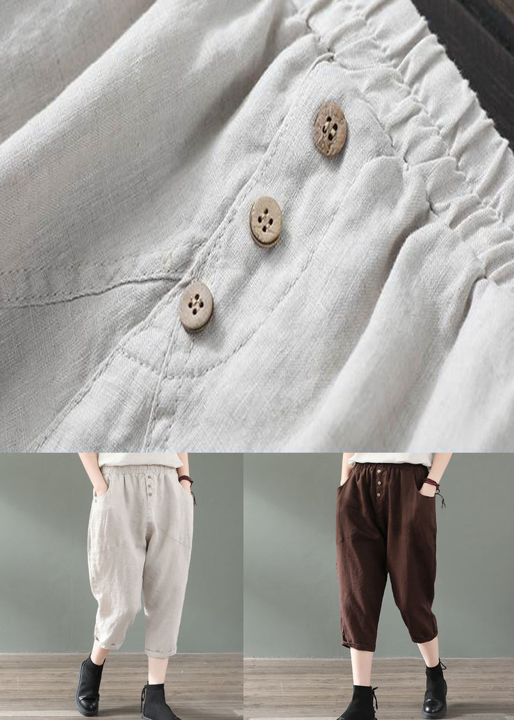 Beige Pockets Patchwork Linen Crop Pants Summer