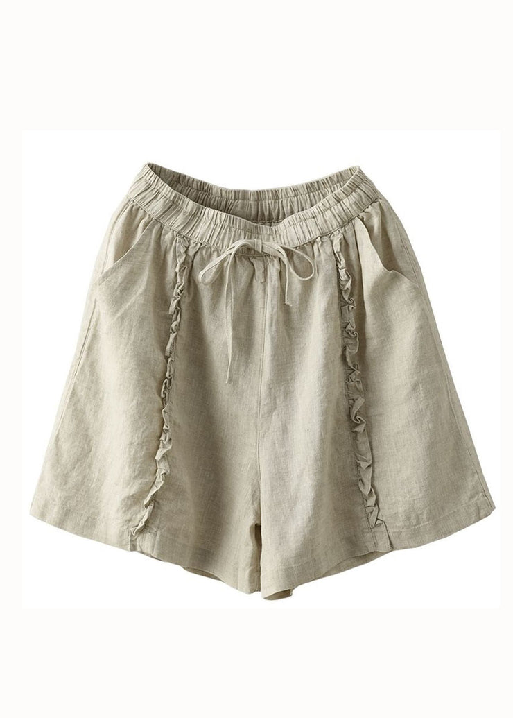 Beige Pockets Patchwork Linen Hot Pants Elastic Waist Summer