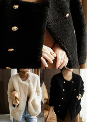 Beige Pockets Patchwork Wool Coats O Neck Button Winter