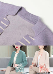 Beige Print Knit Cardigans V Neck Patchwork Long Sleeve