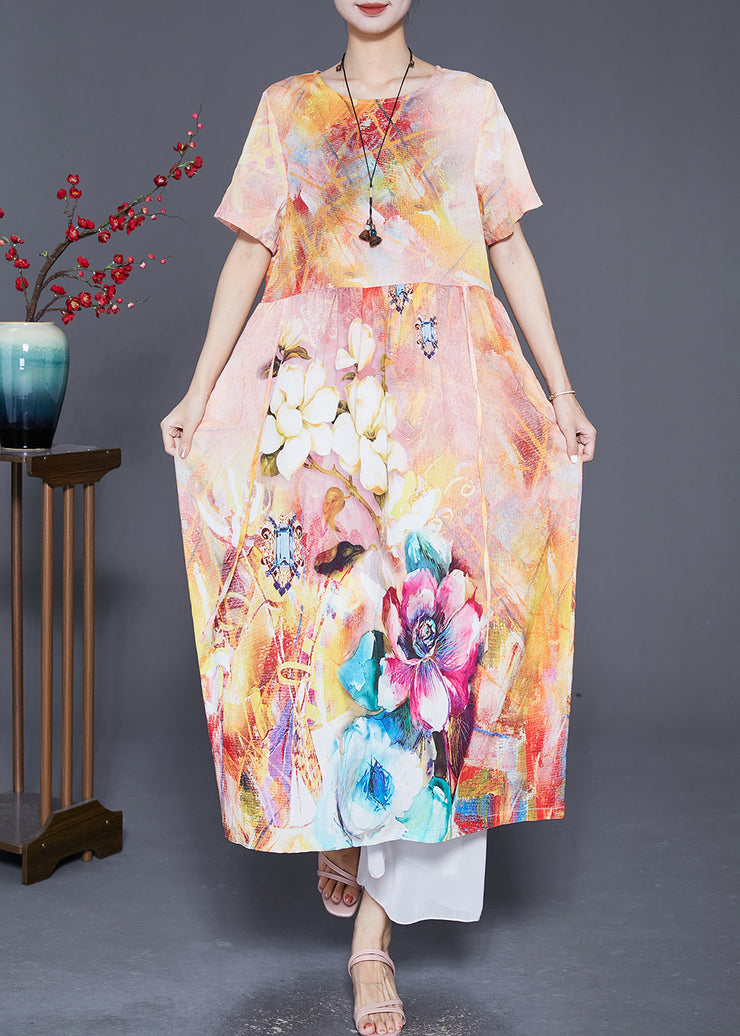Beige Print Linen Robe Dresses Oversized Low High Design Summer