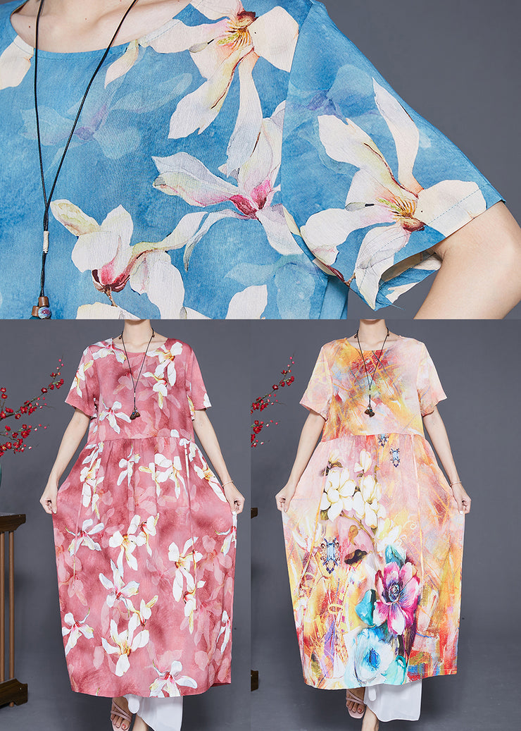 Beige Print Linen Robe Dresses Oversized Low High Design Summer