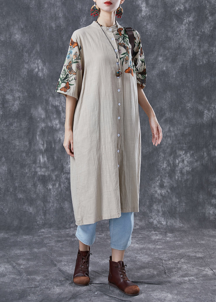 Beige Print Linen Shirt Dress Stand Collar Oversized Summer