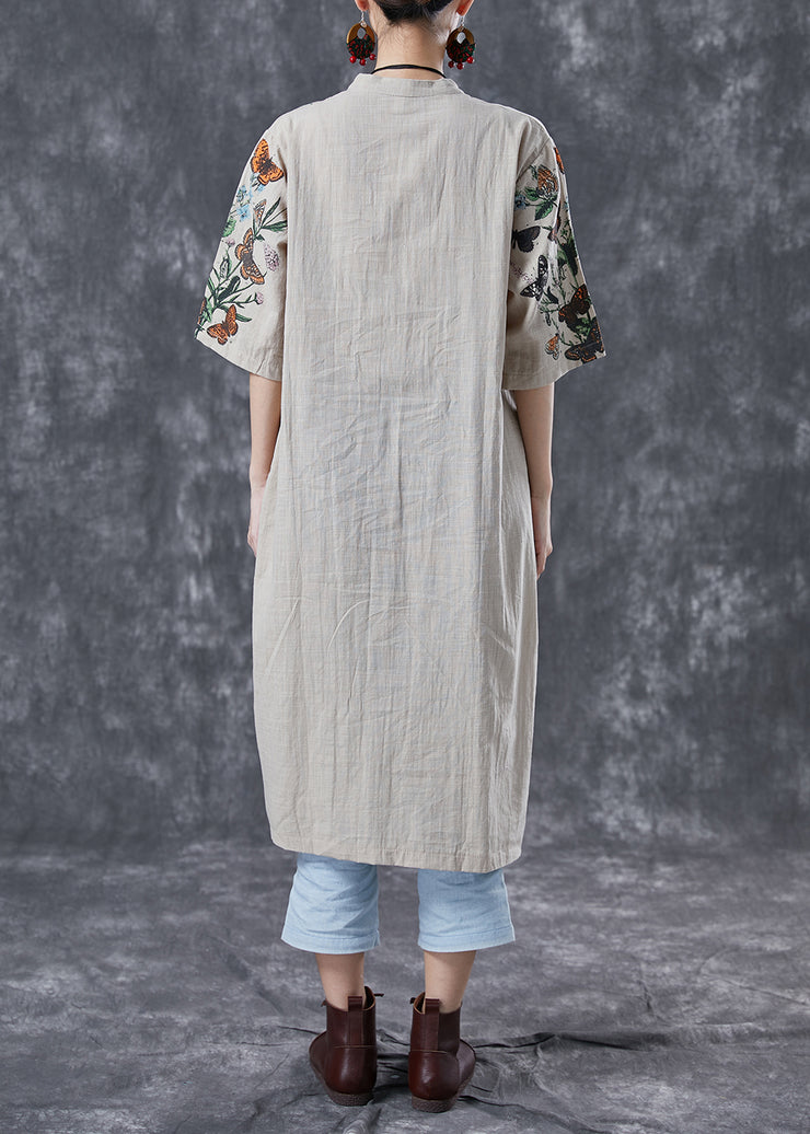 Beige Print Linen Shirt Dress Stand Collar Oversized Summer