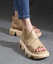 Beige Sandals Peep Toe Platform Sandals - SooLinen