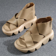 Beige Sandals Peep Toe Platform Sandals - SooLinen