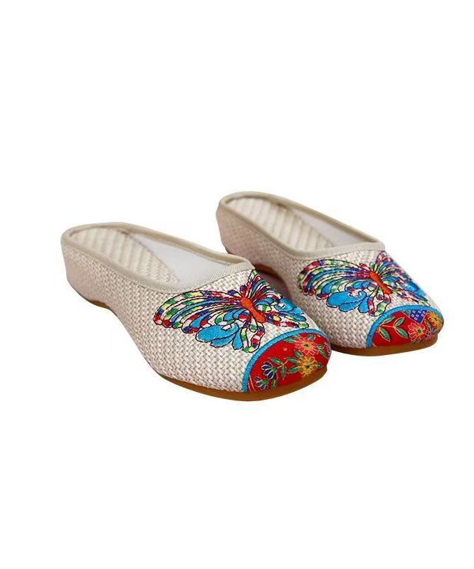 Beige Slide Sandals Linen Fabric Classy Splicing Butterfly Embroidered