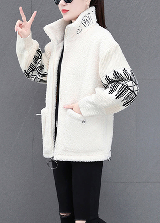 Beige Stand Collar Zippered Striped Patchwork Teddy Faux Fur Coats Winter