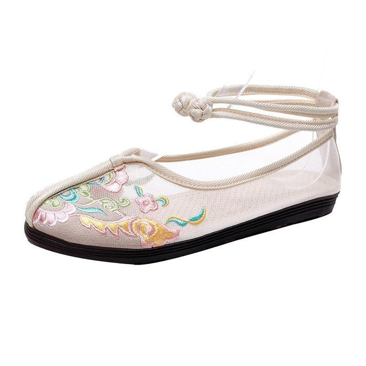 Beige Tulle Embroideried Oriental Flat Shoes - SooLinen